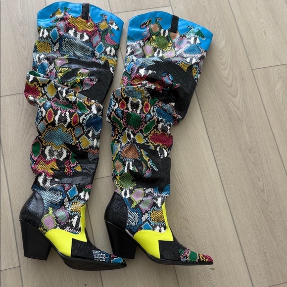 Shoes - Vibrant Multicolor Snake-Print Knee Boots - Women